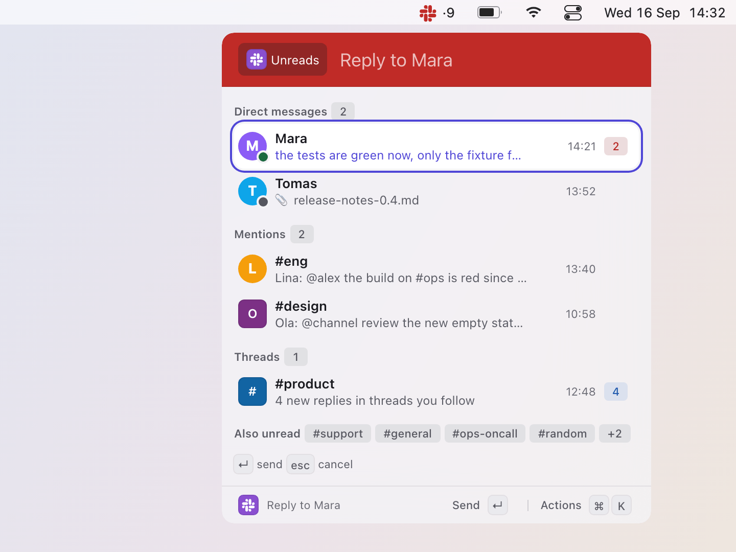 Slack: r turns the search row into a reply field; Enter posts it to the conversation