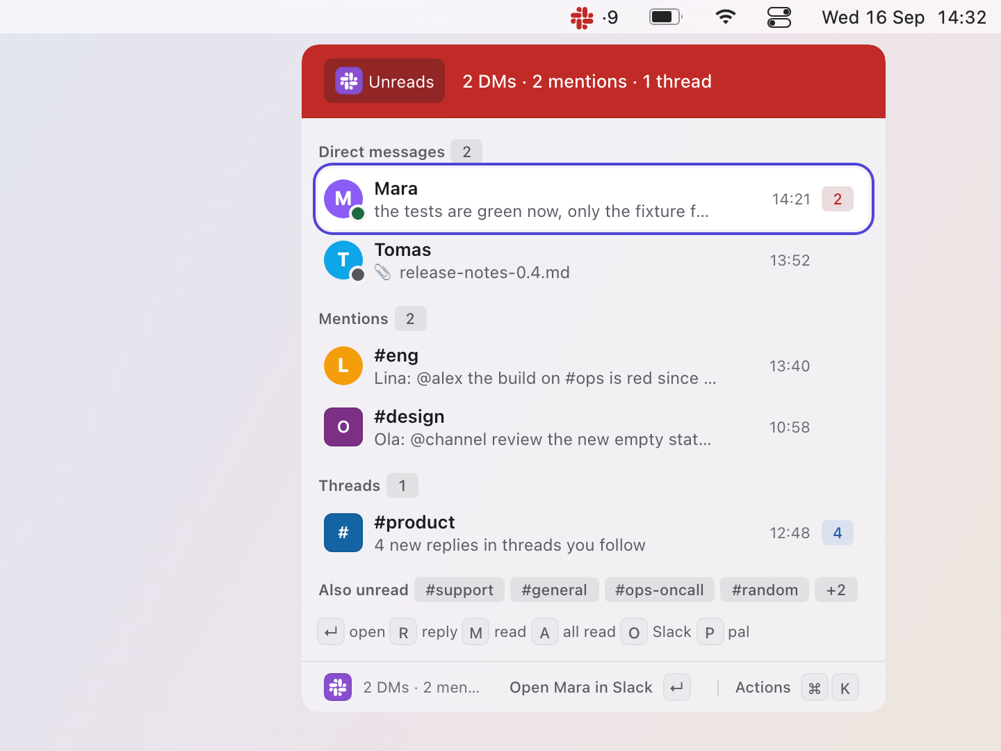 Slack: A click opens the popover: direct messages, mentions and thread replies with the sender, the message and the time, the channels also unread, the keys