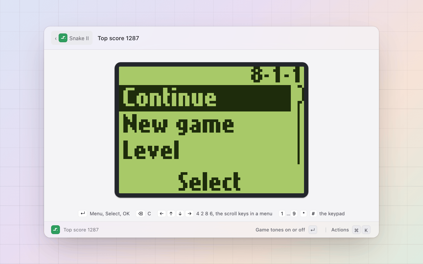Snake II: The Snake II menu, lit, as the phone draws it: Continue for the game left paused