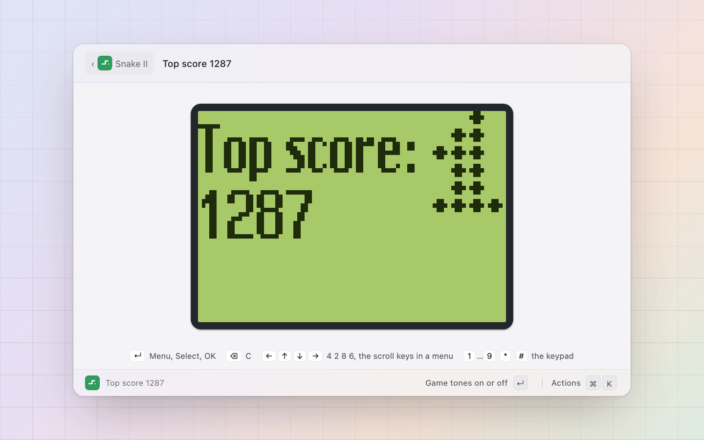Snake II: The Top score screen, its coins fallen into the cup