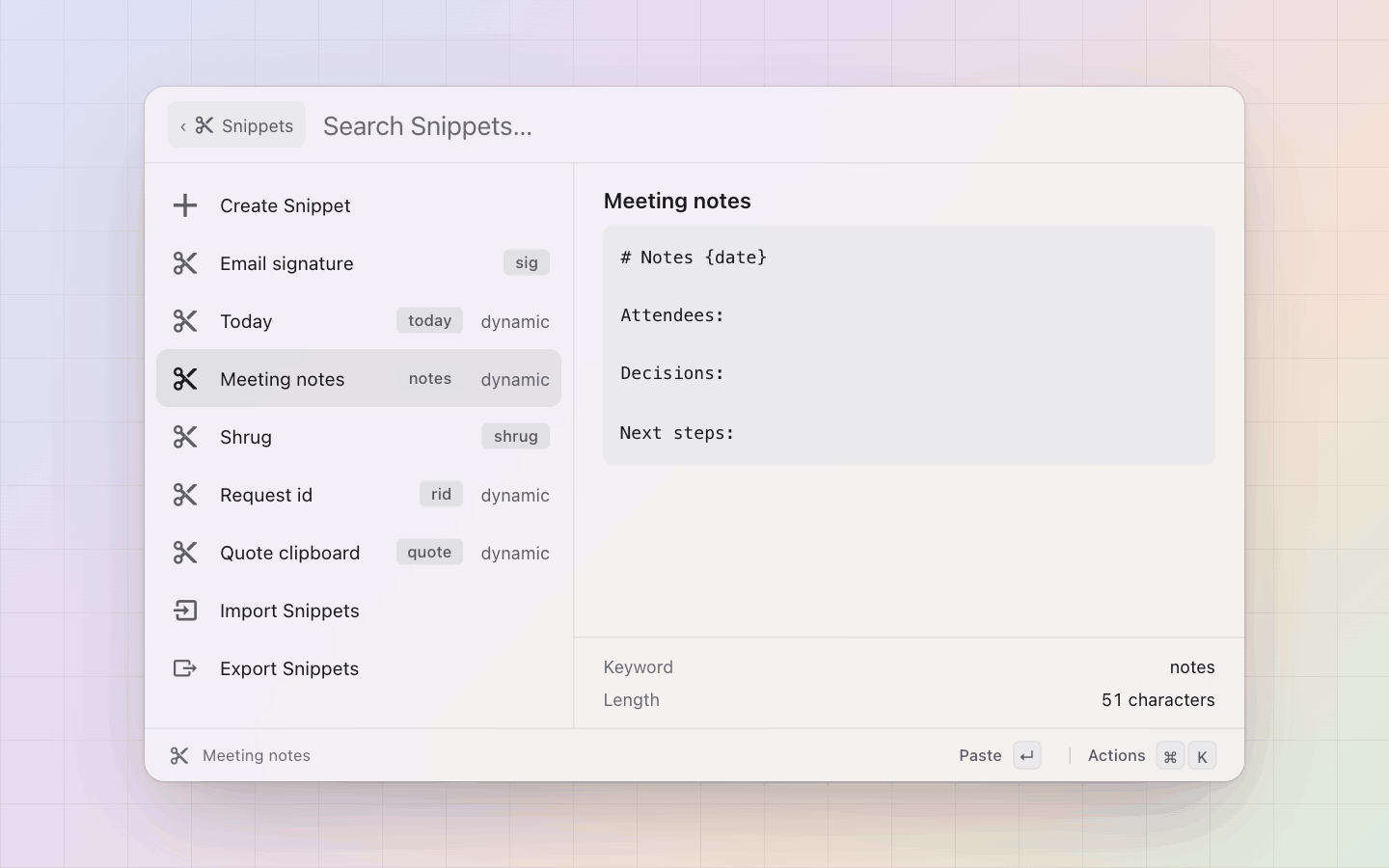 Snippets: The whole text in the detail pane, with its keyword and length
