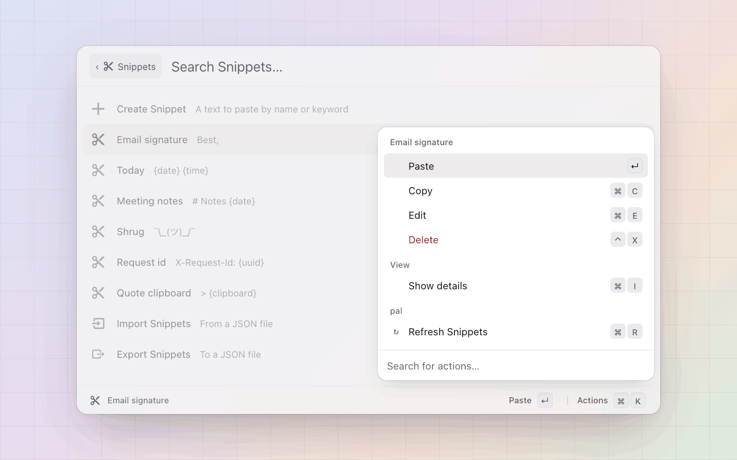 Snippets: Paste, Copy, Edit and Delete on a snippet