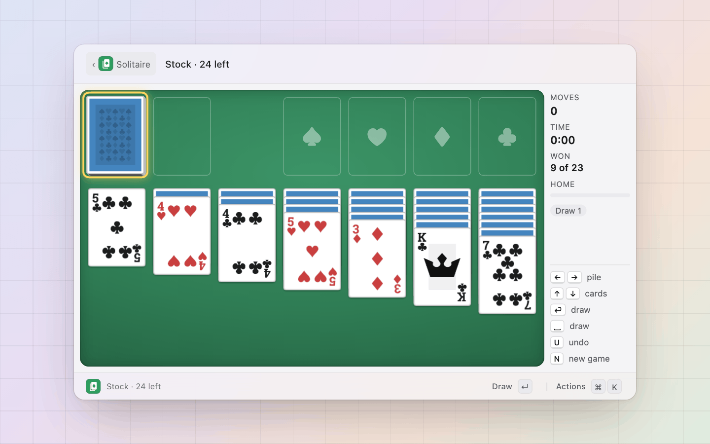 Solitaire: A fresh deal: the cursor on the stock, the moves, the time and the record beside the table