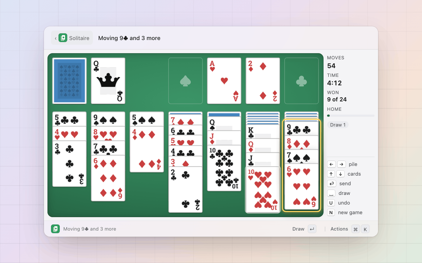 Solitaire: Enter picks the run up: it lifts, and the pile it can go on lights up