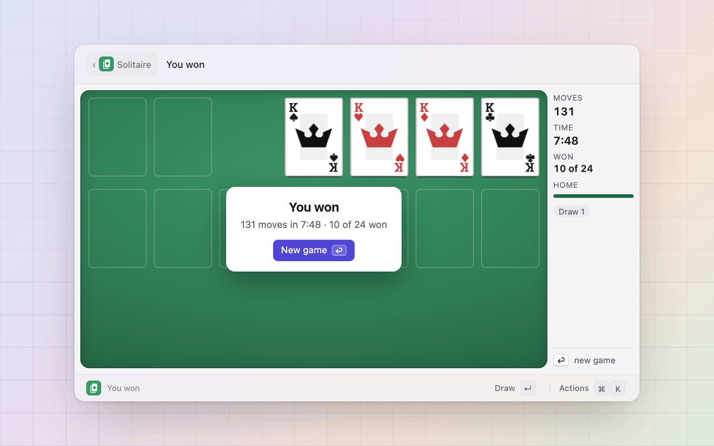 Solitaire: Won: every card home, the moves and the time, Enter deals again