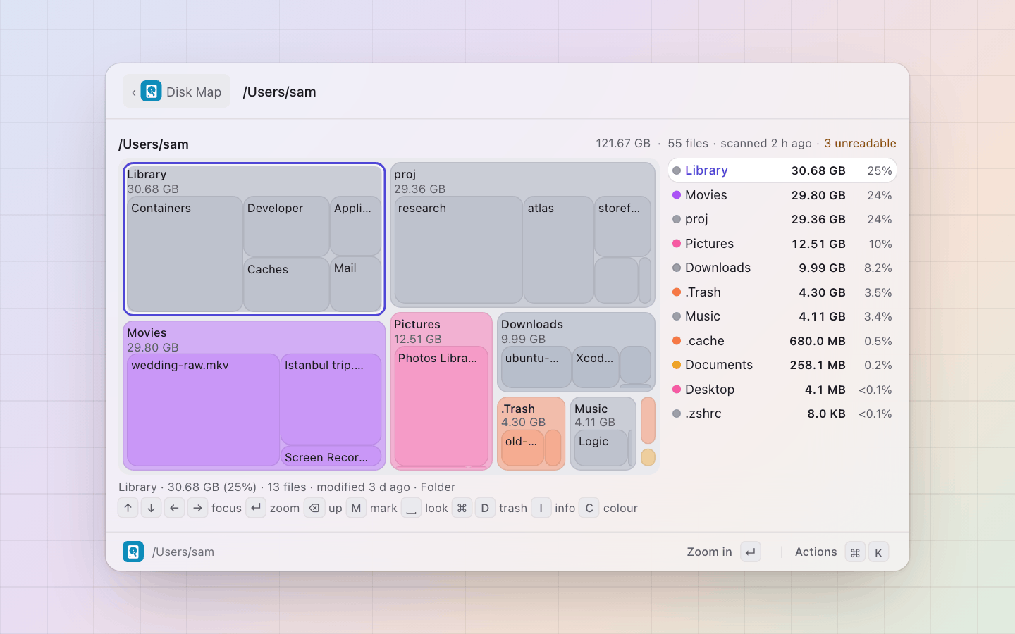 Disk Space: A home folder as a map: every folder a box sized by what it holds and coloured by kind, the list of the biggest beside it