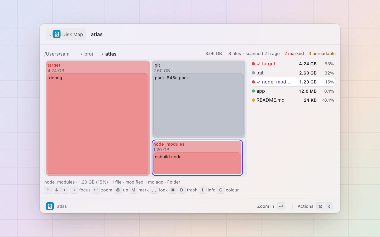 Disk Space: Zoomed into a project, its build output and node_modules marked: one keystroke sends both to the Trash