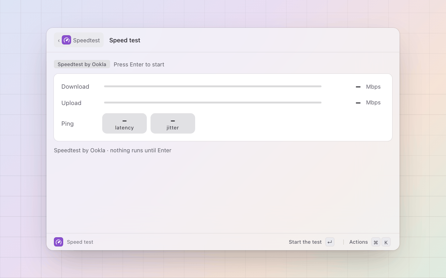 Speedtest: Opened: the tool found; nothing runs until Enter