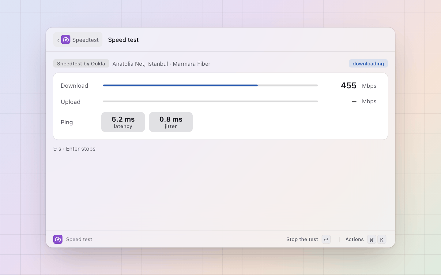 Speedtest: Downloading: the bar fills with Ookla's progress, the figure moves with it