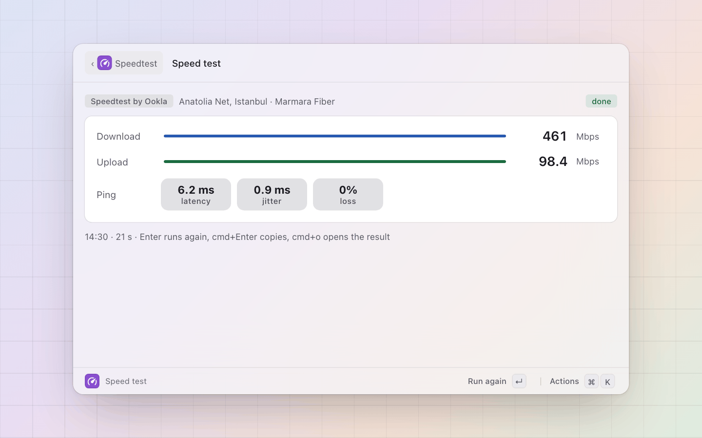 Speedtest: Done: both figures, ping and jitter, the server and the ISP