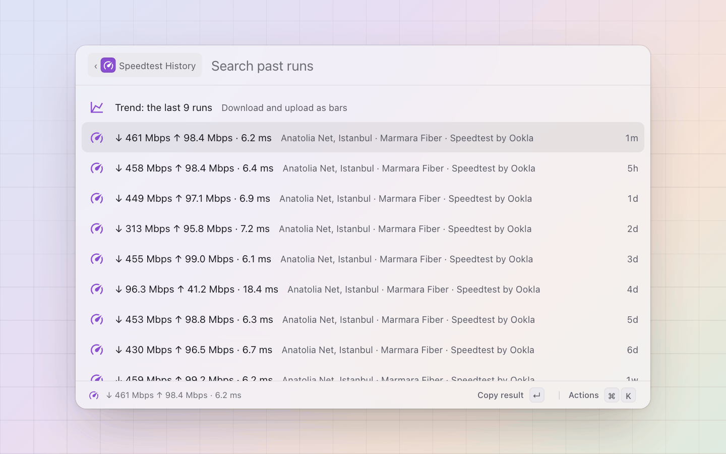 Speedtest: History: the runs, newest first