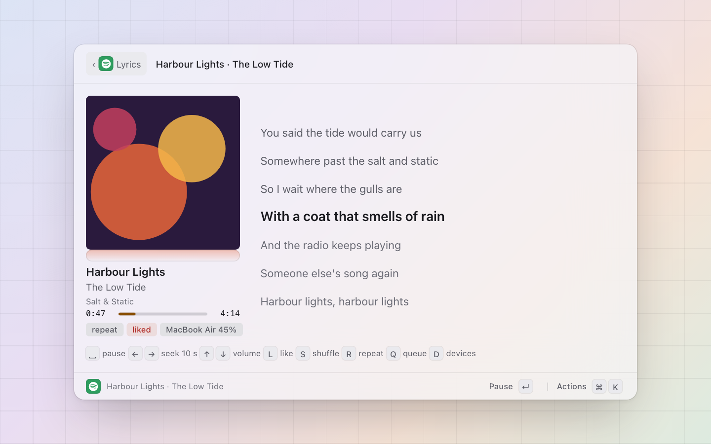 Spotify: The lyrics view: the cover, the progress, the line playing bright among the lines around it