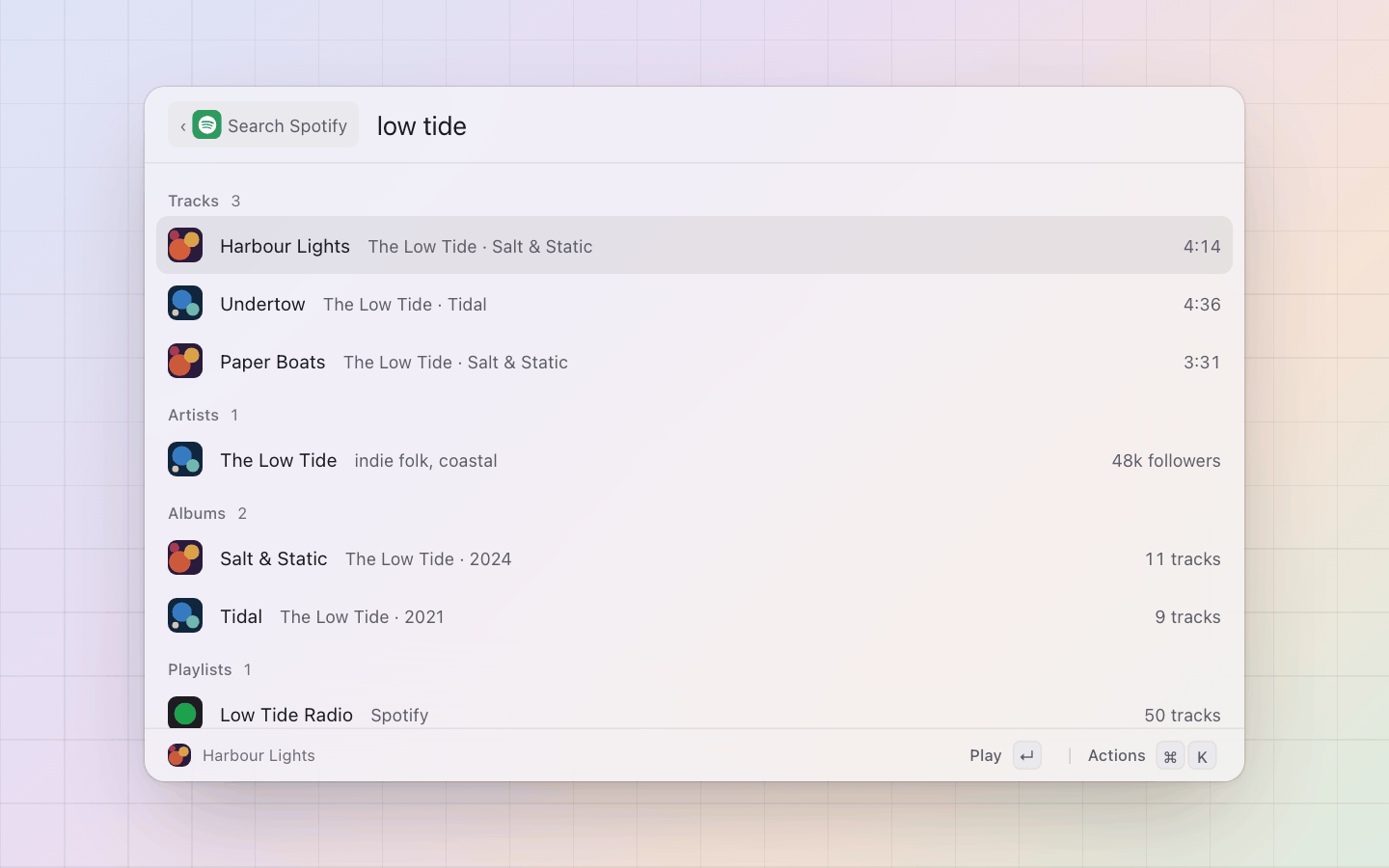 Spotify: Search: tracks, artists, albums, playlists and podcasts as sections