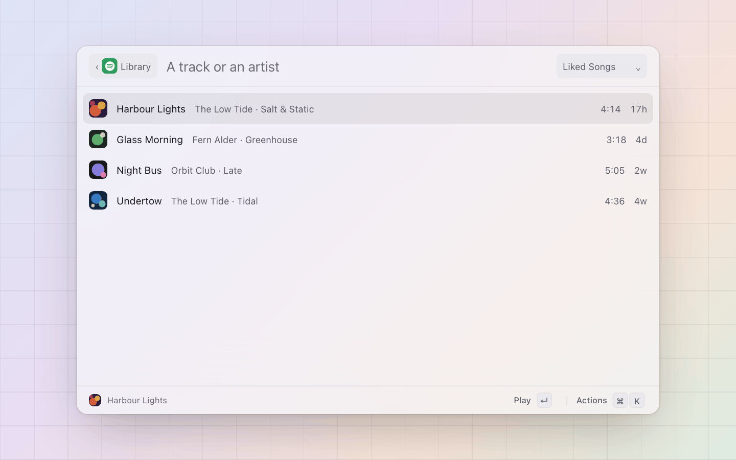 Spotify: Library: Liked Songs newest first, the other filters on Tab