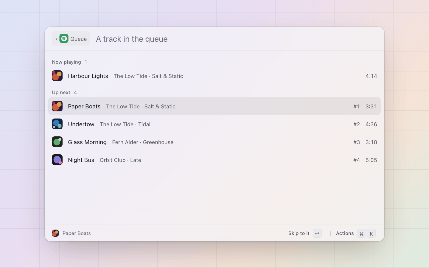Spotify: The queue: what plays now, what comes next, Enter skips to a row