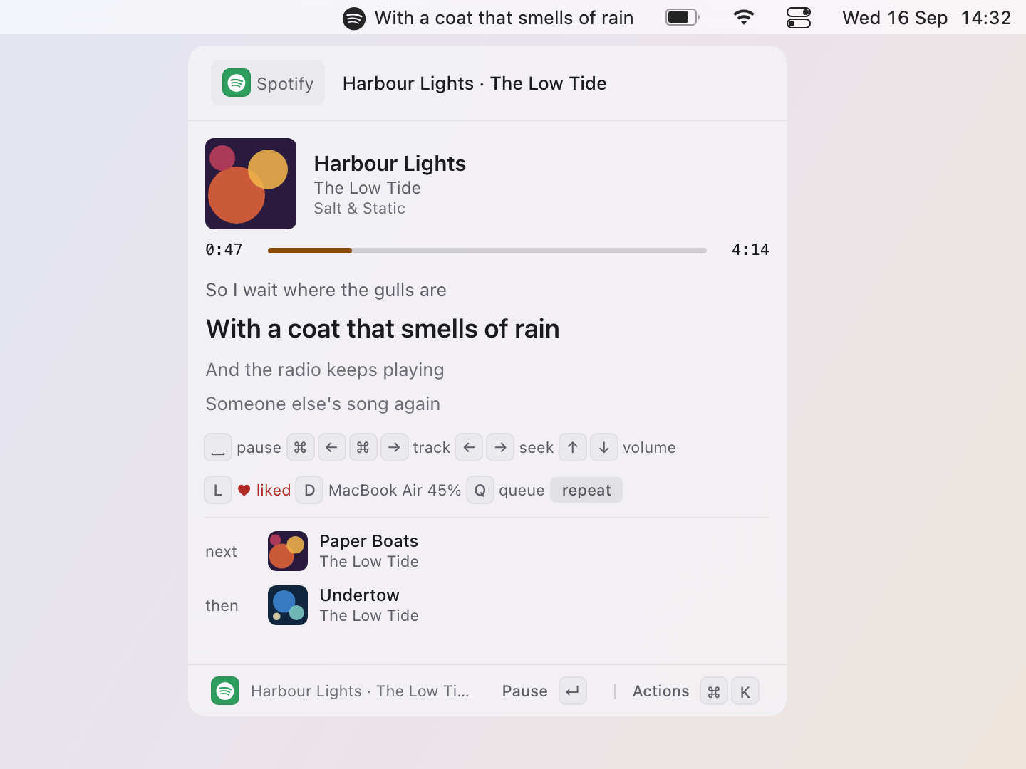 Spotify: A click opens the popover: the cover and the track, the bar ticking, the lyrics around the line playing, the transport keys, and the queue's next two