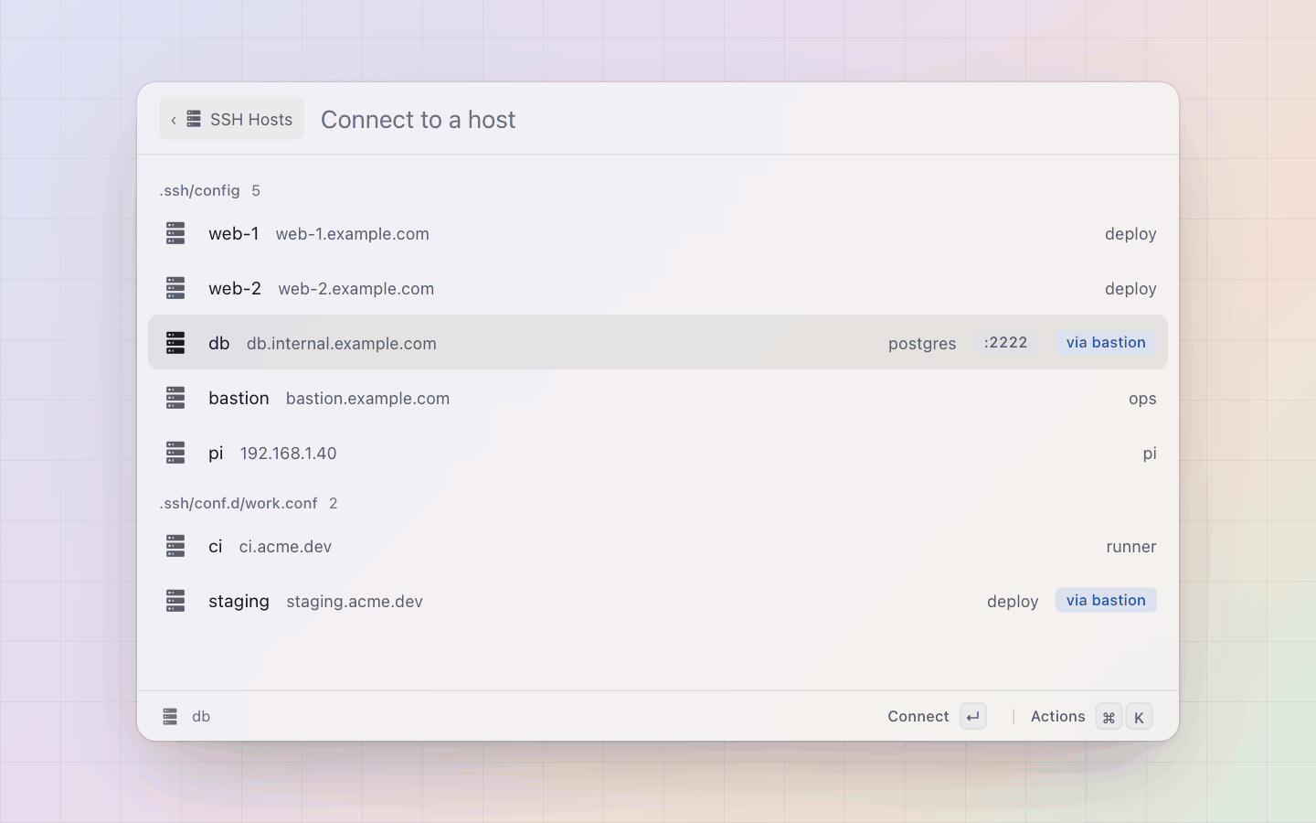 SSH Hosts: Hosts sectioned by the file they came from, user and port on the right, a jump host tagged