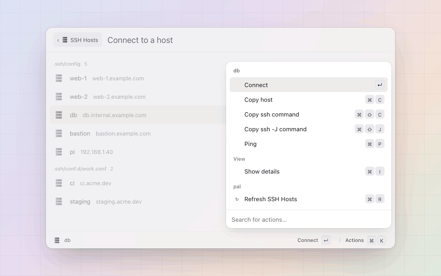 SSH Hosts: Connect, copy the host or the command, the -J form, ping