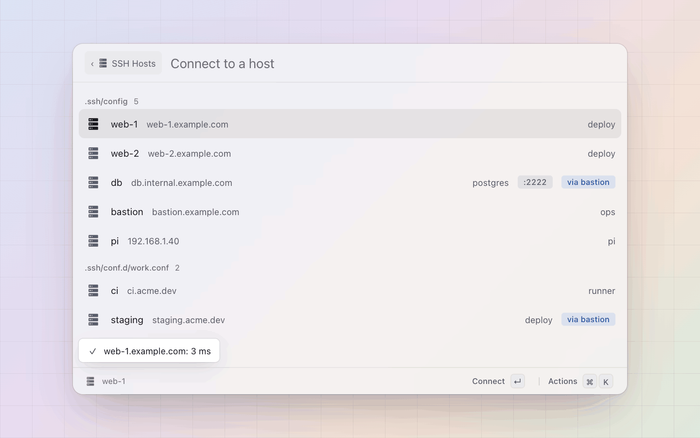 SSH Hosts: Ping: one echo, the round trip as a toast