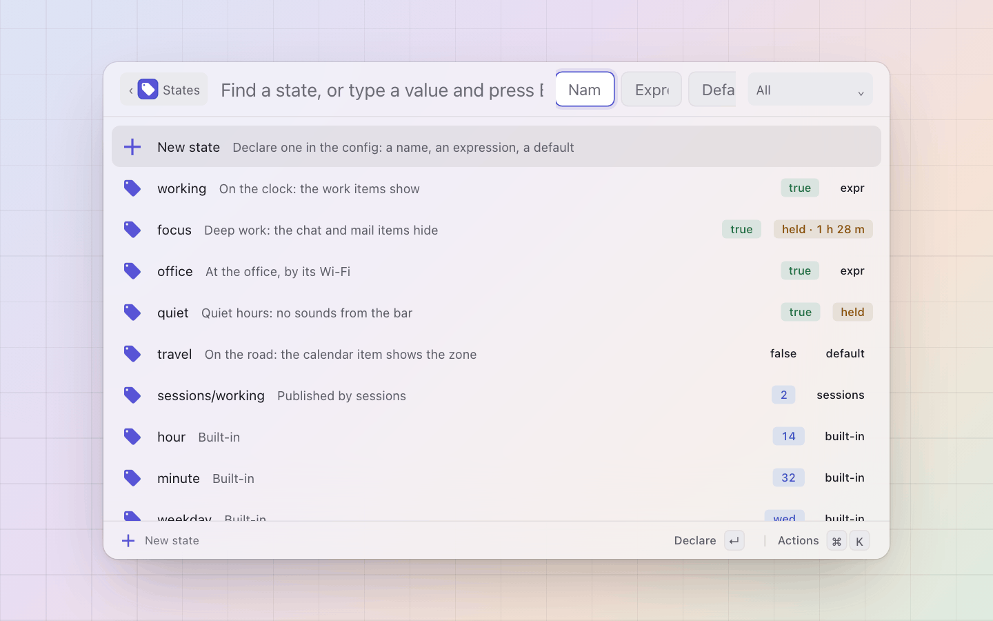 States: Tab steps through the filters: held by hand, yours, what extensions publish, the built-ins