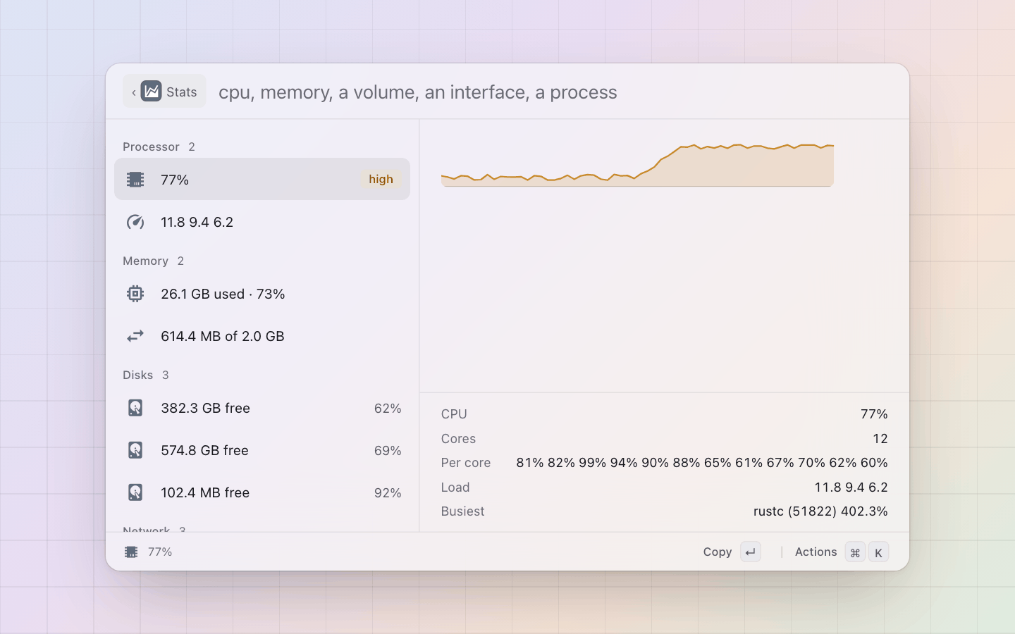 Stats: One row per fact, the value as the name: a build running, the CPU amber, its last three minutes in the detail pane