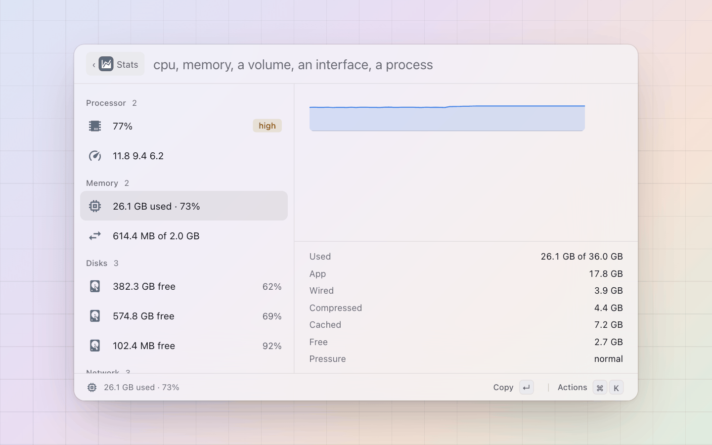 Stats: Memory as Activity Monitor counts it: app, wired, compressed and cached, the pressure and the swap