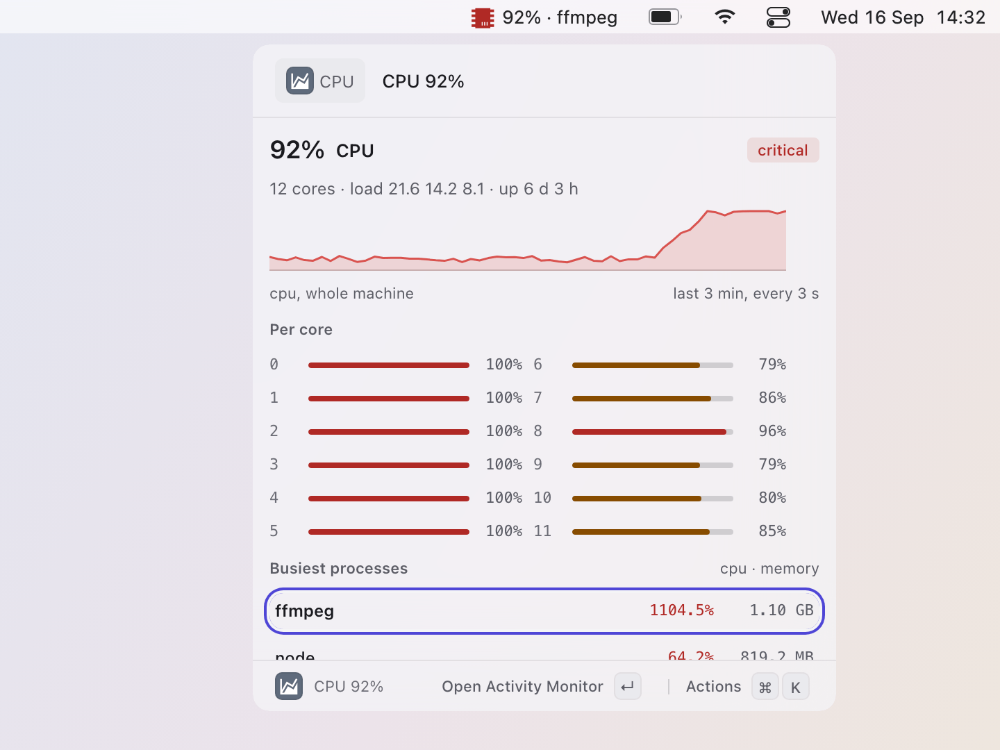 Stats: An export pinning every core: ffmpeg on top, x kills it after asking