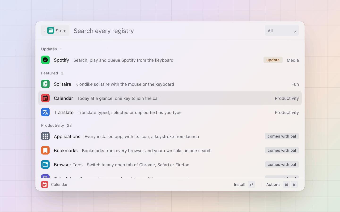 Store: The store as it opens: an update that waits, three featured, then a section per category with how each stands