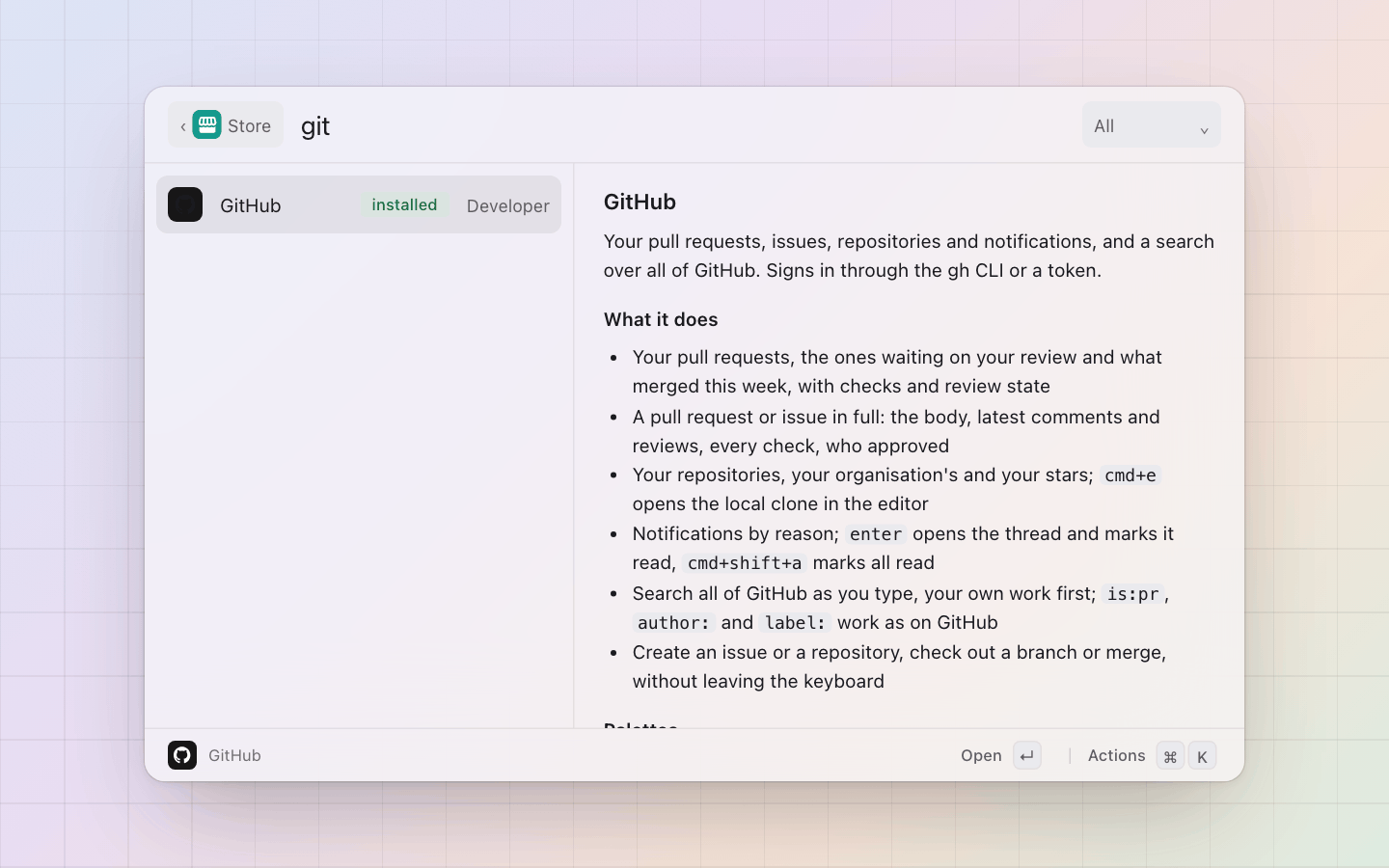 Store: cmd+I opens the detail pane: what the extension is and does, its palettes and pictures, where it comes from