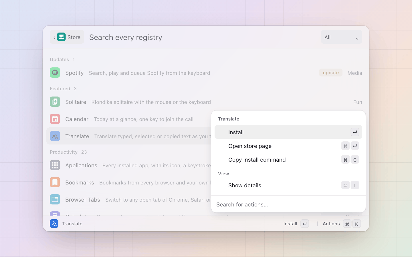 Store: Install on Enter; the store page and the install command a keystroke away