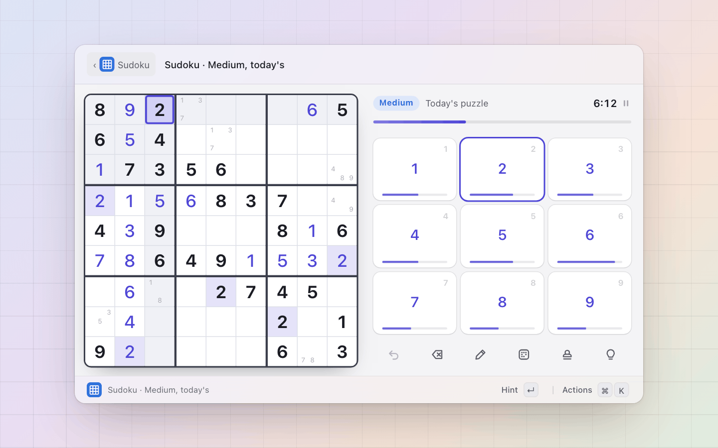Sudoku: Today's medium, half solved: the digit in focus and its notes lit across the board, the pad's bars