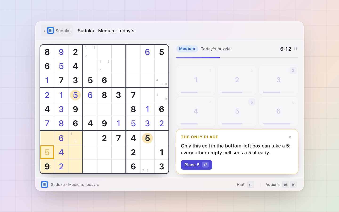 Sudoku: A hint: where to look first, then why, and the move on Enter
