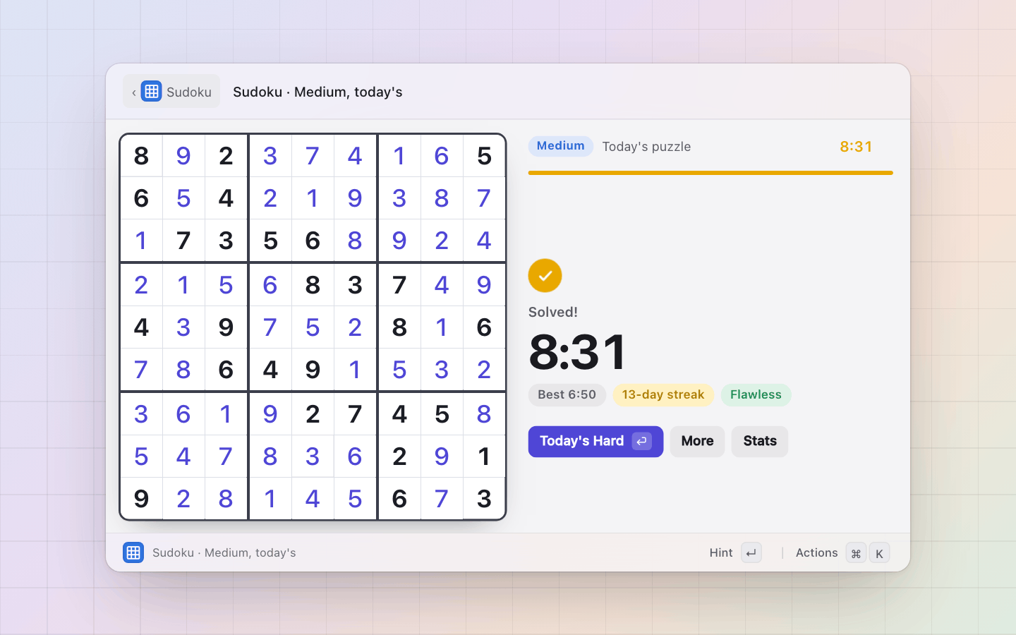 Sudoku: Solved: the time, the streak, Flawless, and today's next daily on Enter