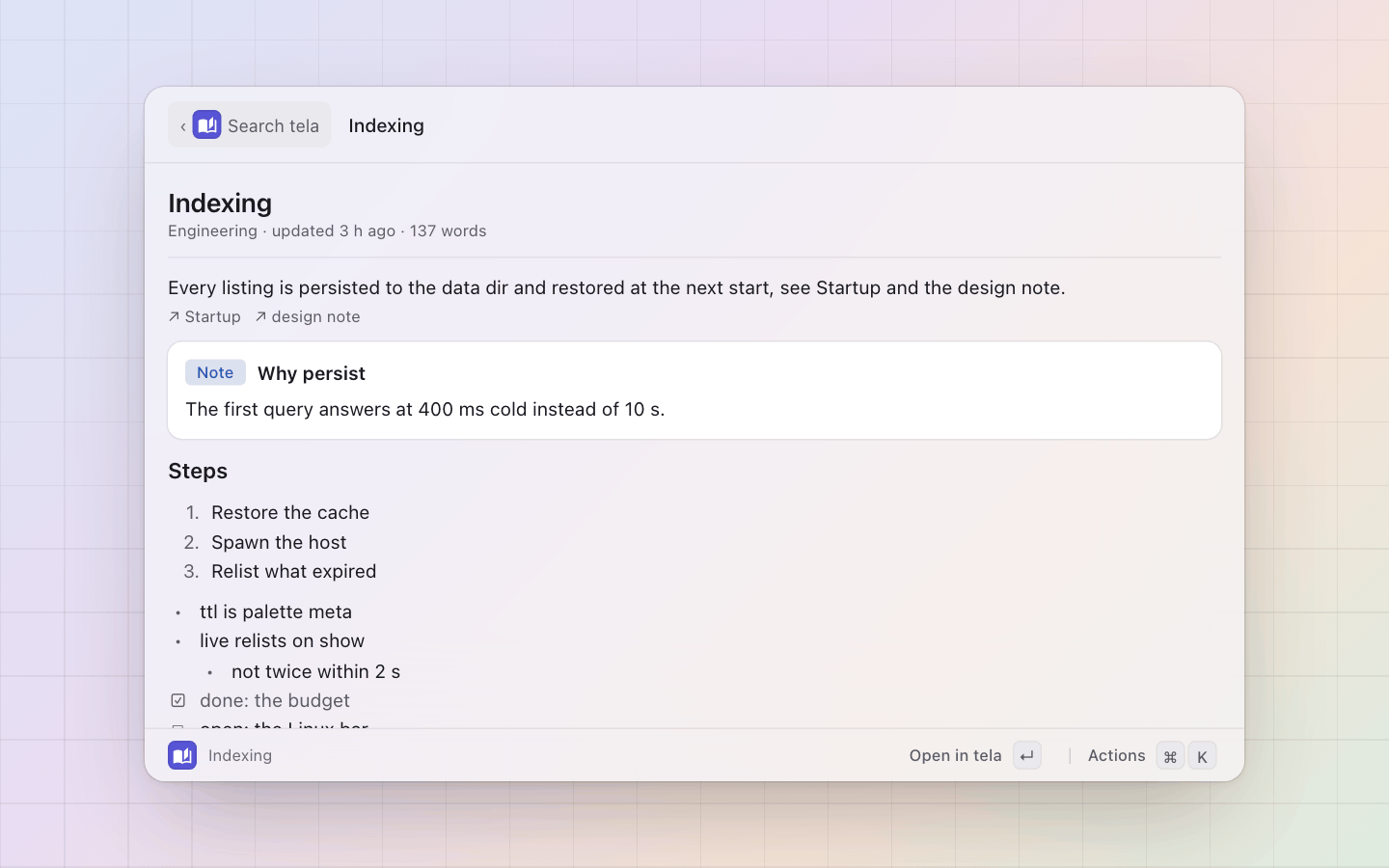 tela: A page read in pal: headings, callouts, lists, code and tables drawn with the tokens
