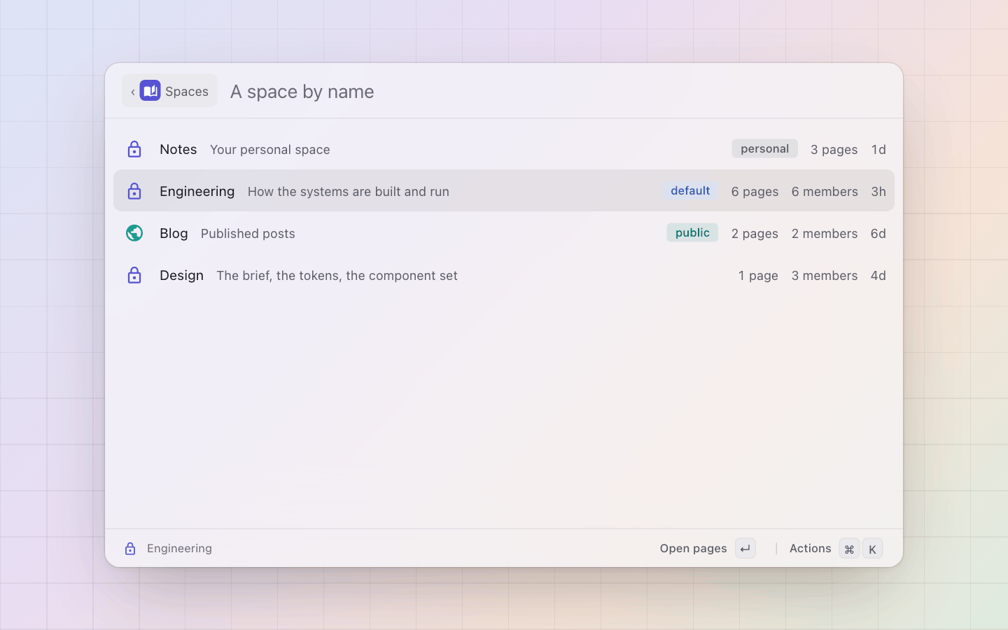 tela: Spaces with page counts; Enter lists a space's pages