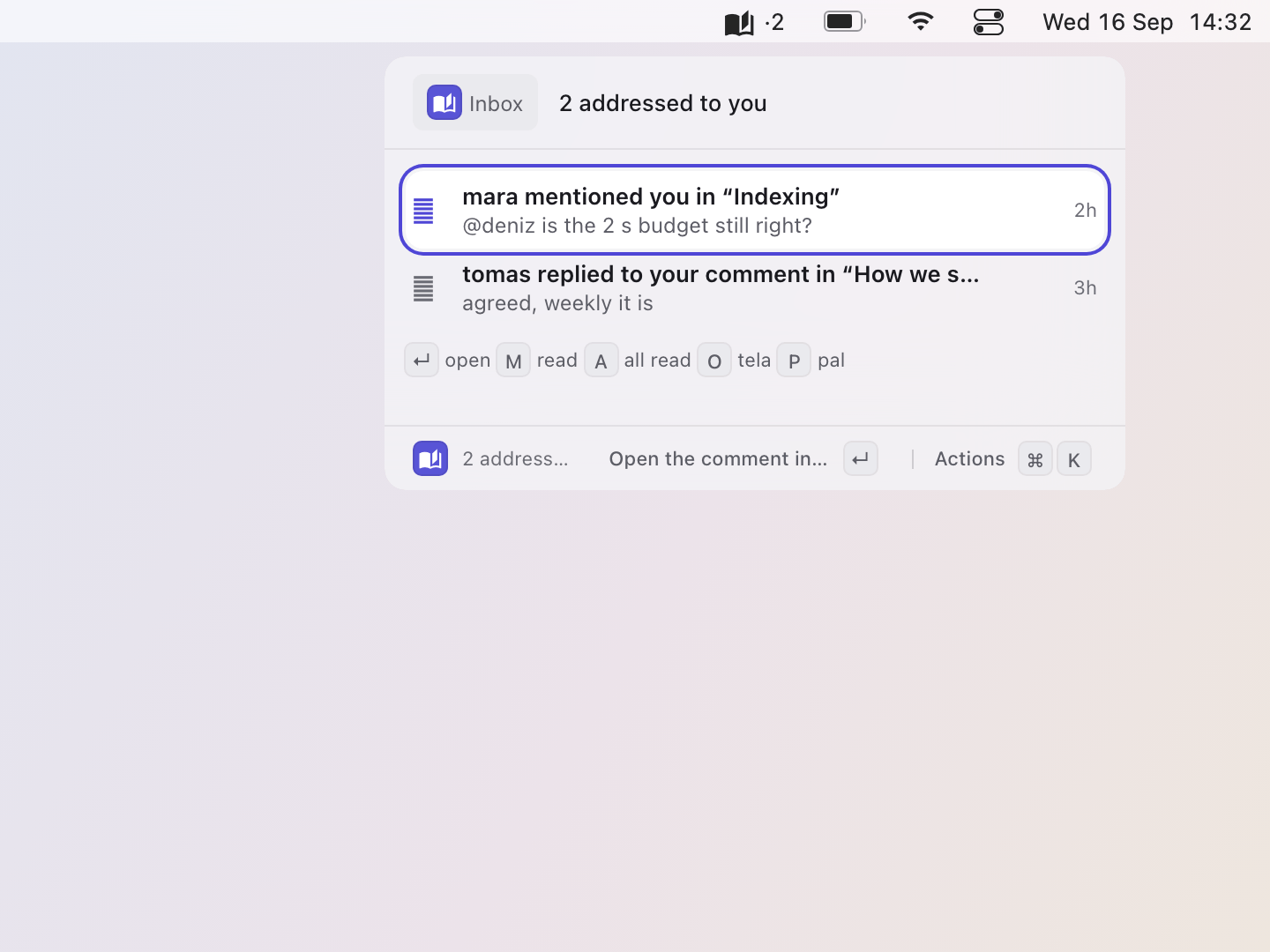 tela: A click opens the popover: the newest mentions and replies, Open in pal, Mark all read
