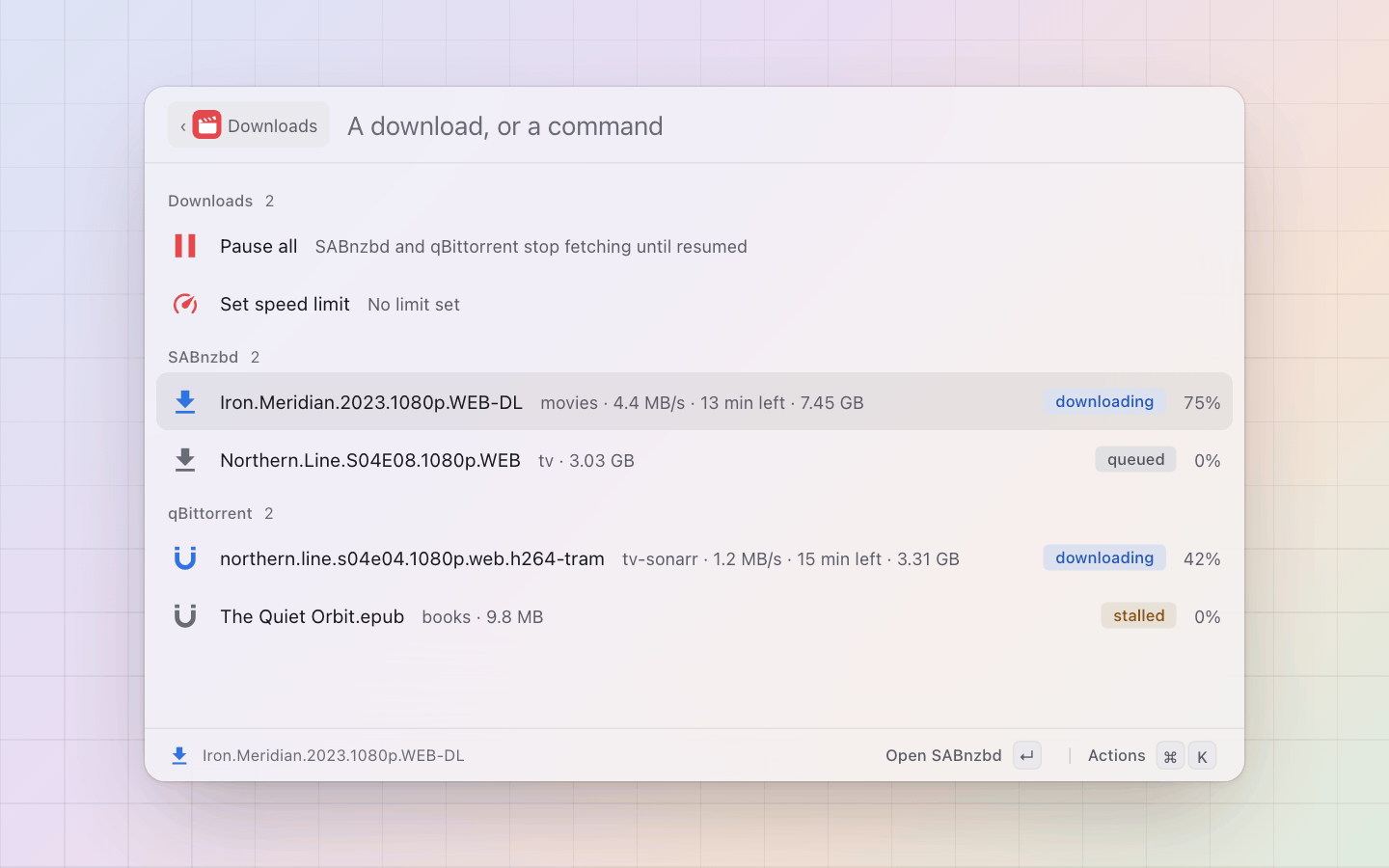 Theater: SABnzbd and qBittorrent in one list: speed, time left and size; pause everything or set a limit