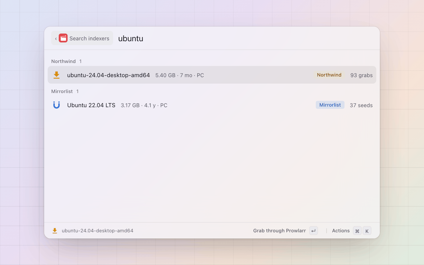 Theater: One search across every Prowlarr indexer, grouped by indexer with size, age and grabs; Enter sends it to the downloader