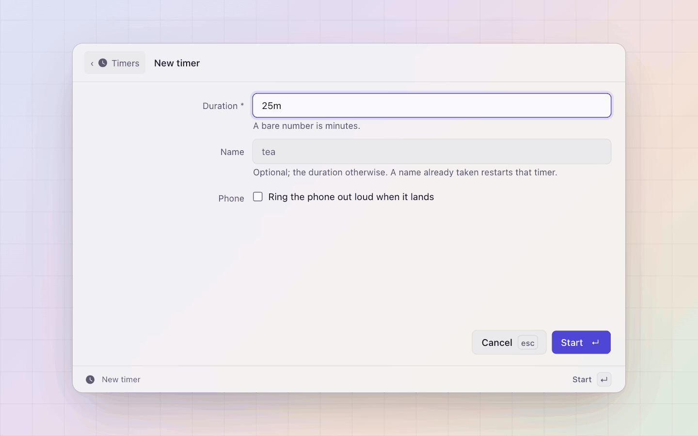 Timer: New timer: a duration, an optional name, ring the phone when it lands