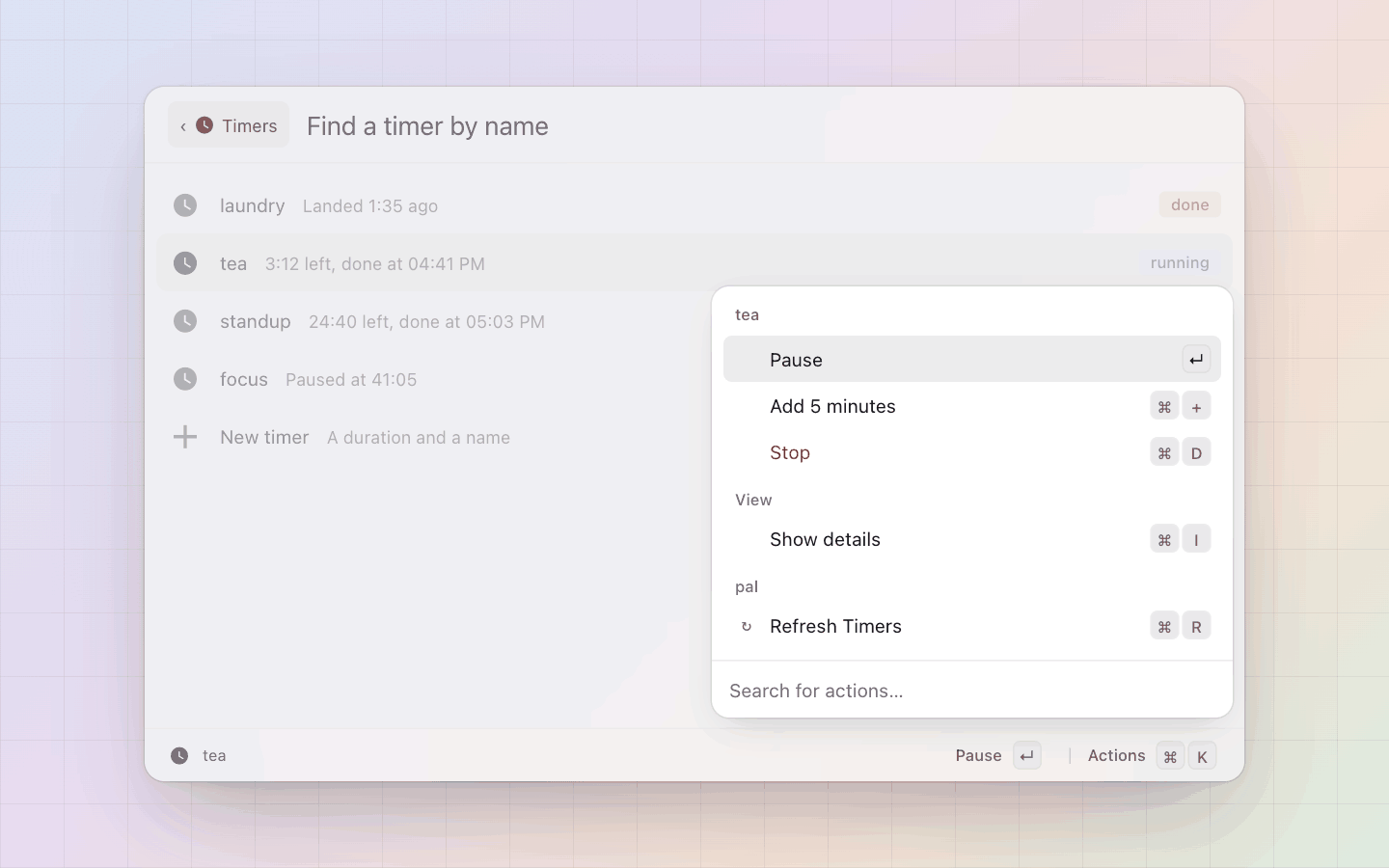 Timer: Pause, add five minutes, or stop a running timer