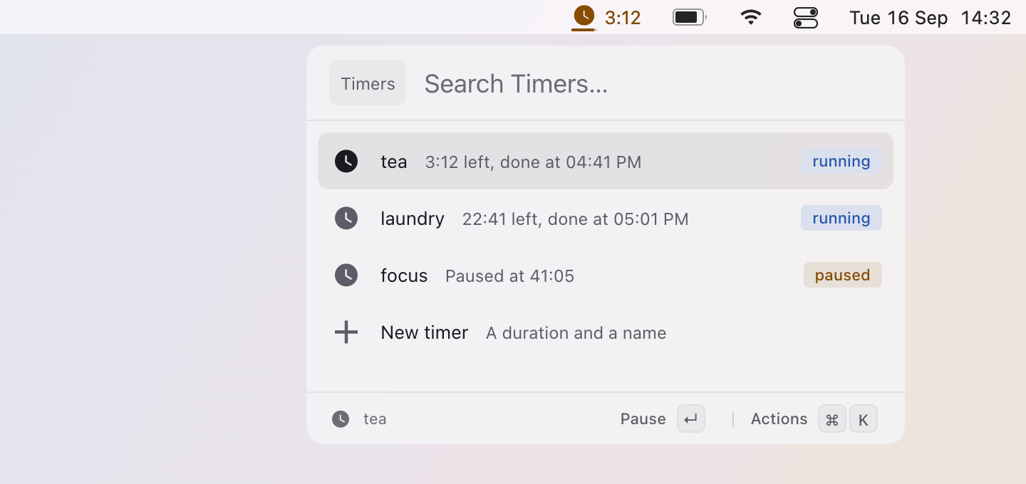 Timer: A click opens the Timers palette: every timer, pause, add five minutes, stop