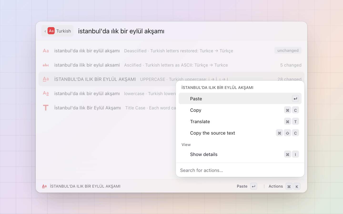 Turkish: Paste, copy, hand the row to Translate, or copy the source text