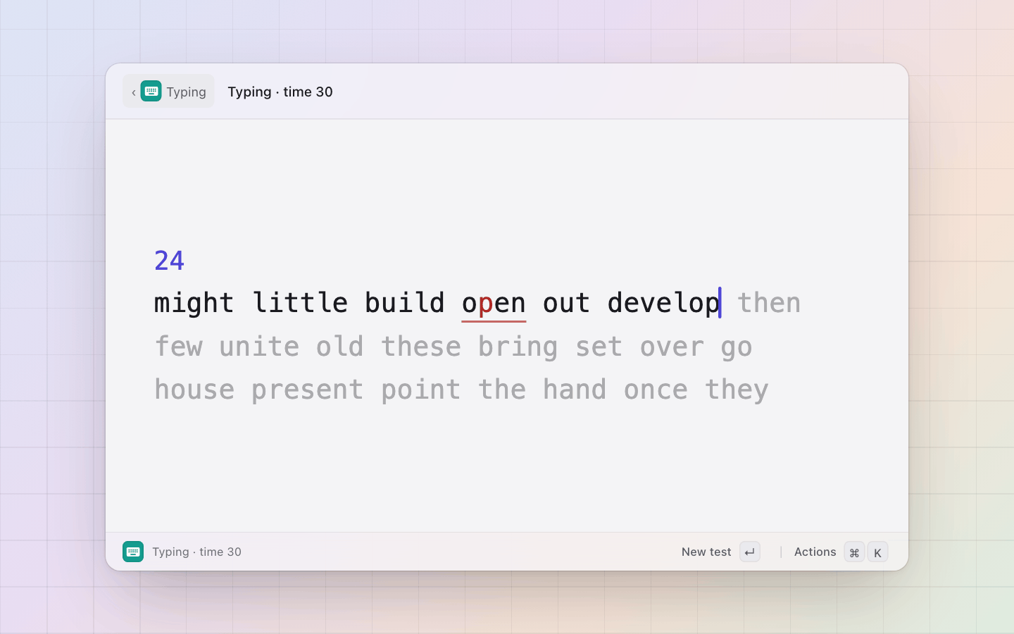 Typing: Mid-test: the caret on the next letter, a slip in red, the seconds left above