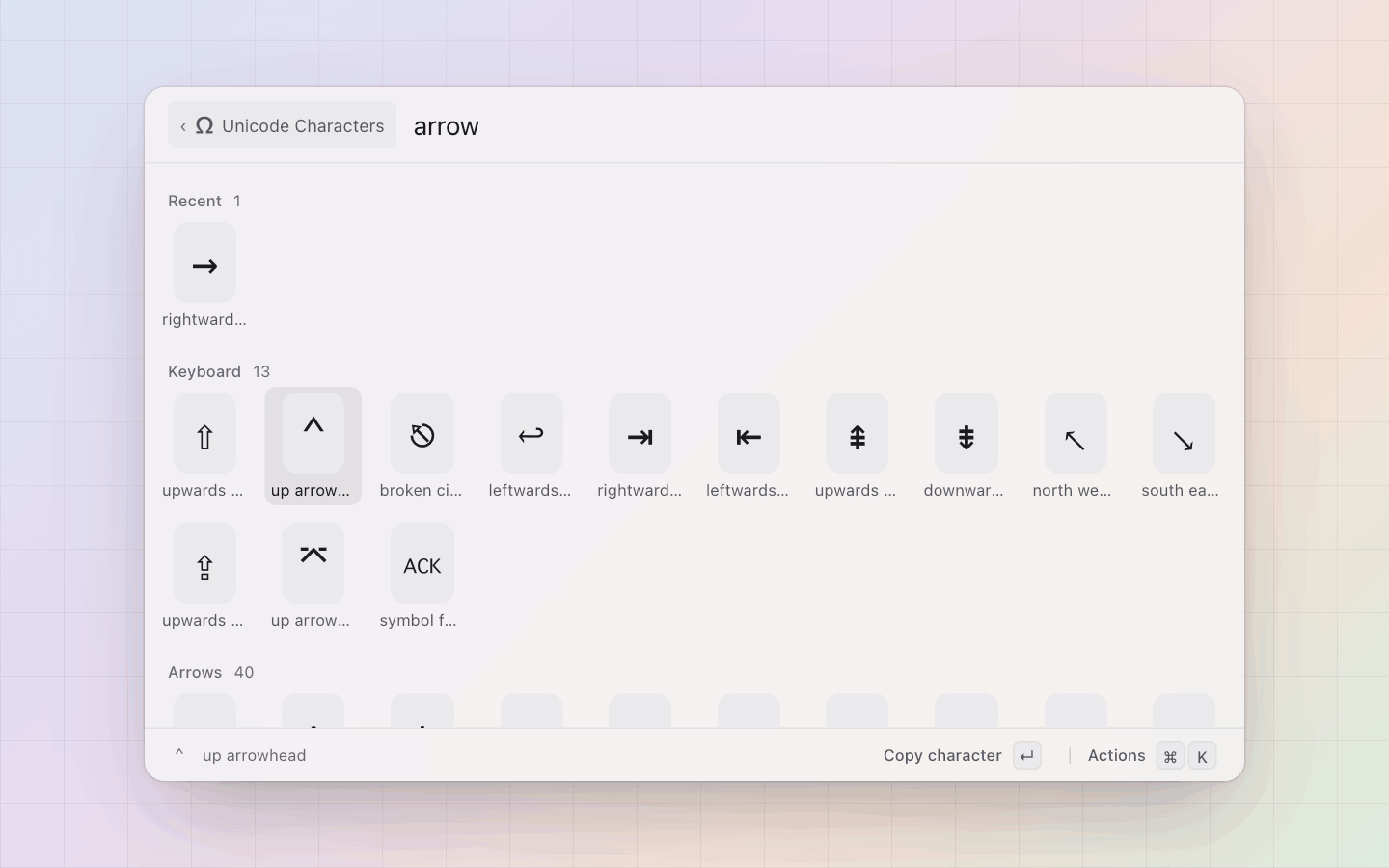 Unicode characters: Searching `arrow`: the matches across the arrows, keyboard and other blocks