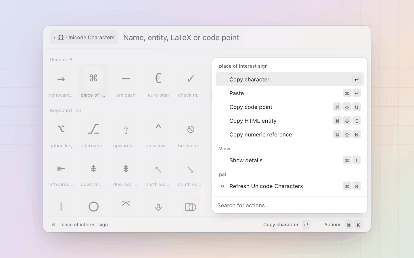 Unicode characters: Copy, paste, or copy the code point, the entity or the numeric reference