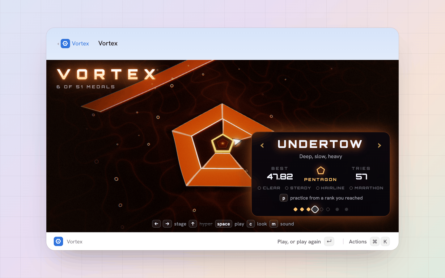 Vortex: The stages, each playing itself behind its card: your best, its rank, your medals, practice from a rank you reached