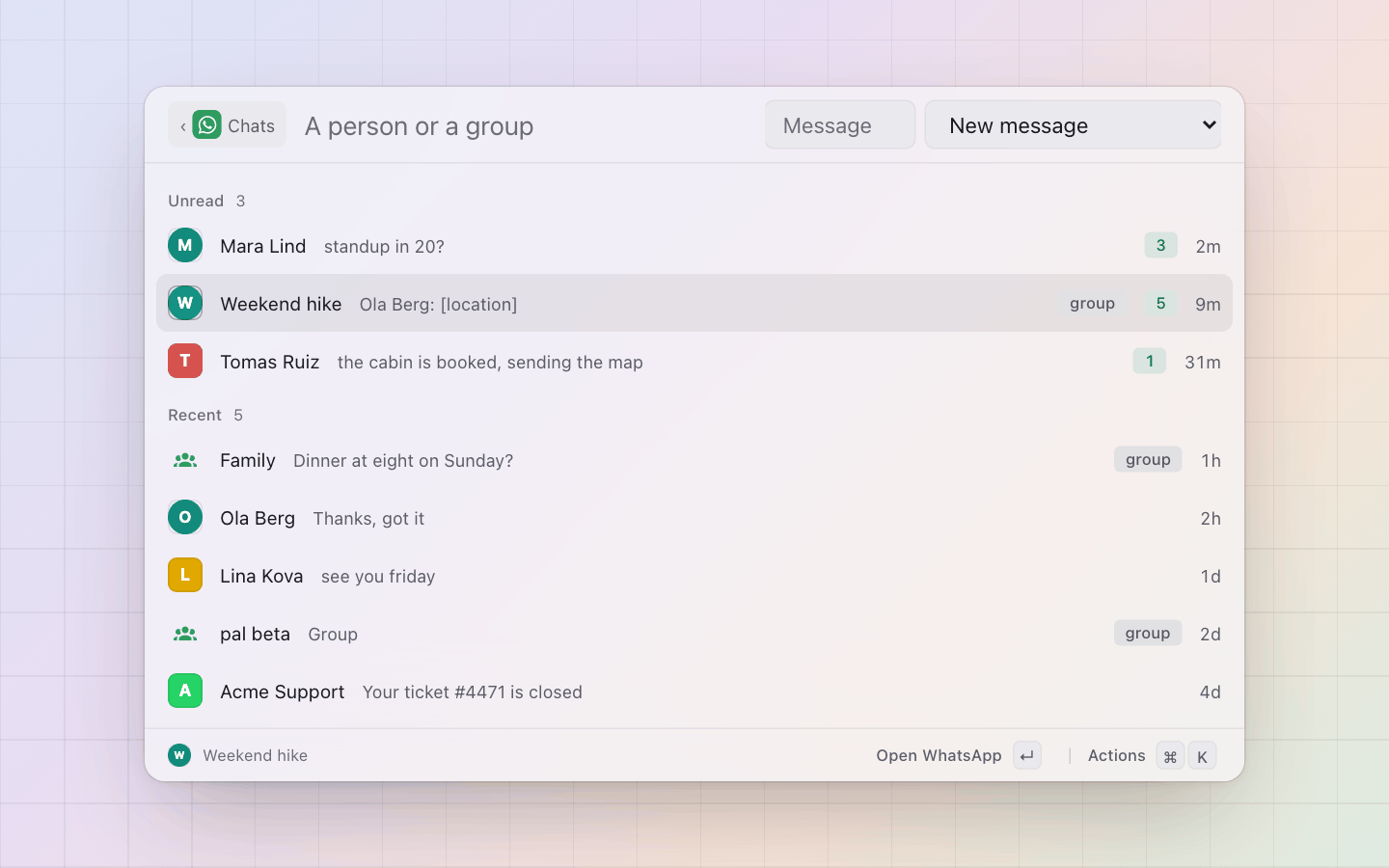 WhatsApp: Chats: unread first, the picture, the newest message and who sent it, the count, the time