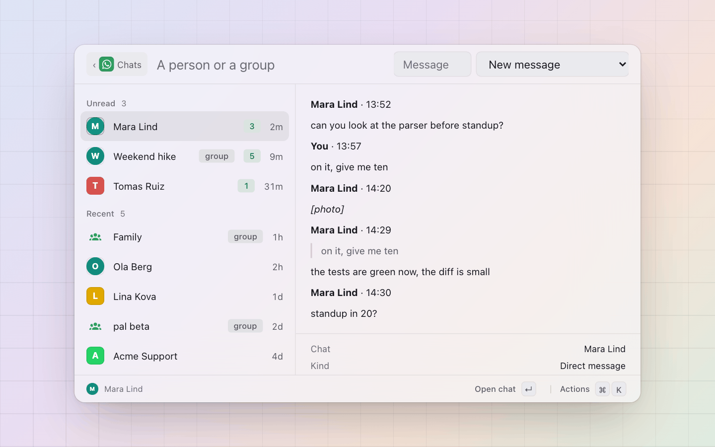 WhatsApp: The pane: the last messages as a conversation, a quoted reply indented, a photo as [photo]