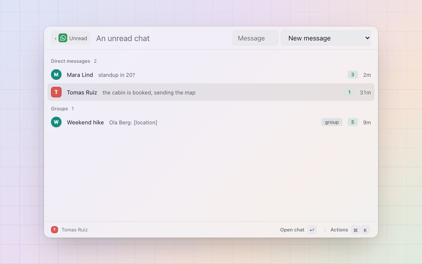 WhatsApp: Unread: direct messages then groups, the same keys