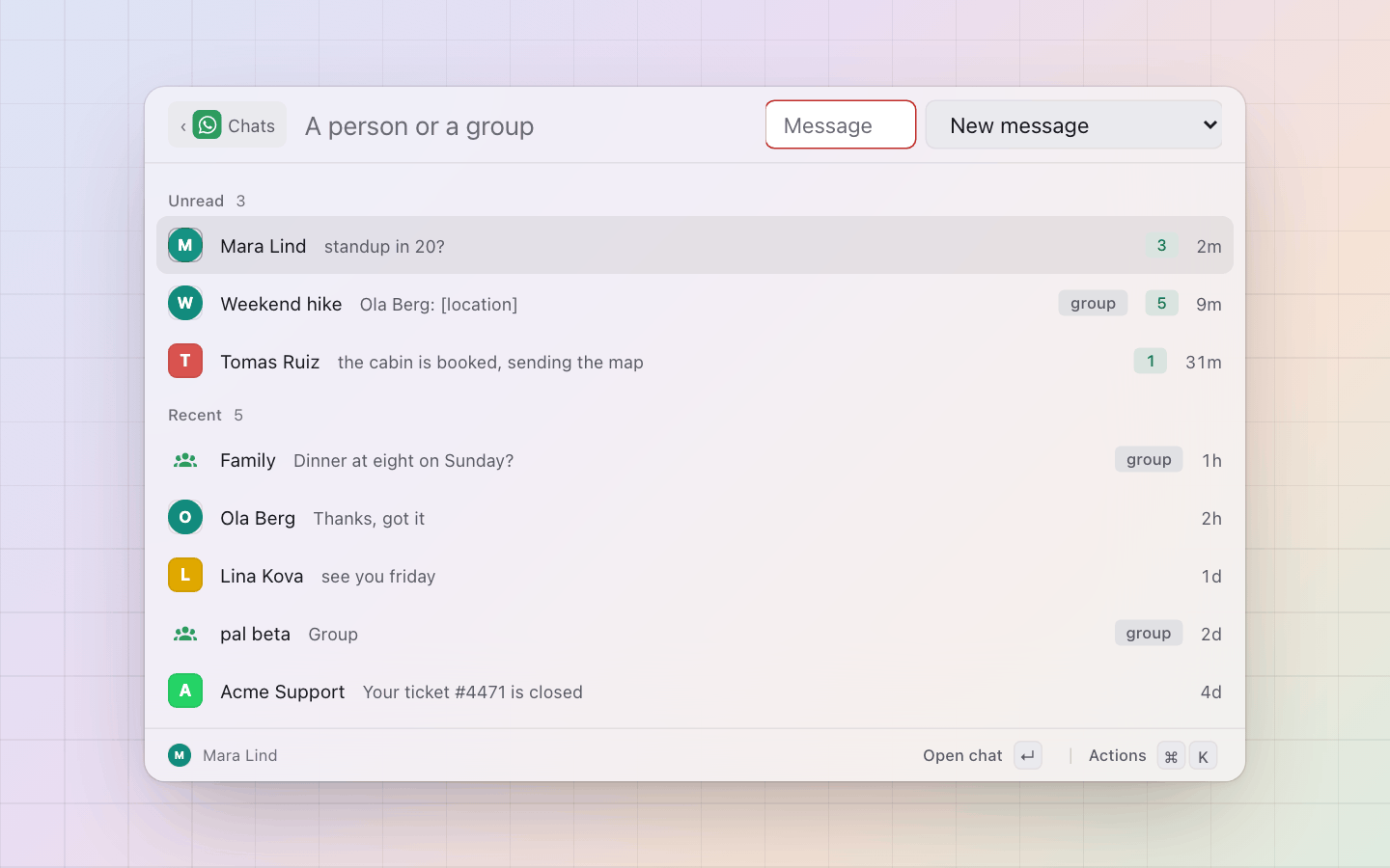 WhatsApp: Send a message (send on): a form for the text, the latest message there to quote